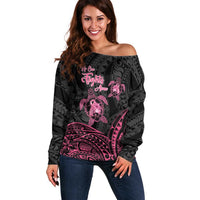 Personalised Polynesia Breast Cancer Awareness Off Shoulder Sweater No One Fights Alone Turtle Ribbon - Black Version LT14 Women Black - Polynesian Pride