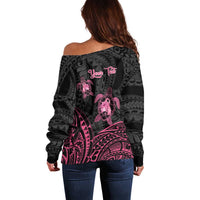 Personalised Polynesia Breast Cancer Awareness Off Shoulder Sweater No One Fights Alone Turtle Ribbon - Black Version LT14 - Polynesian Pride