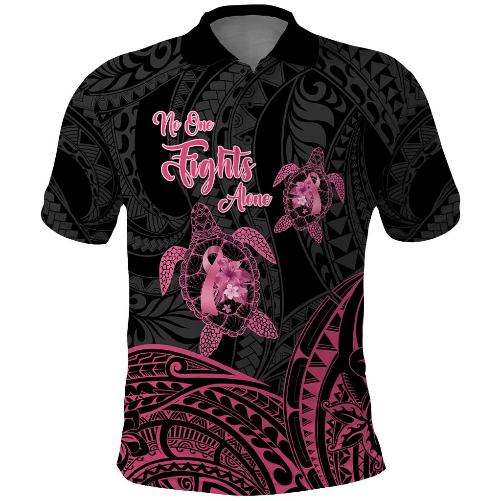 Personalised Polynesia Breast Cancer Awareness Polo Shirt No One Fights Alone Turtle Ribbon - Black Version