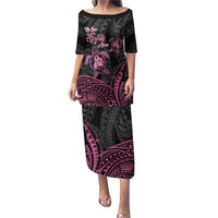 Personalised Polynesia Breast Cancer Awareness Puletasi No One Fights Alone Turtle Ribbon - Black Version LT14 Long Dress Black - Polynesian Pride
