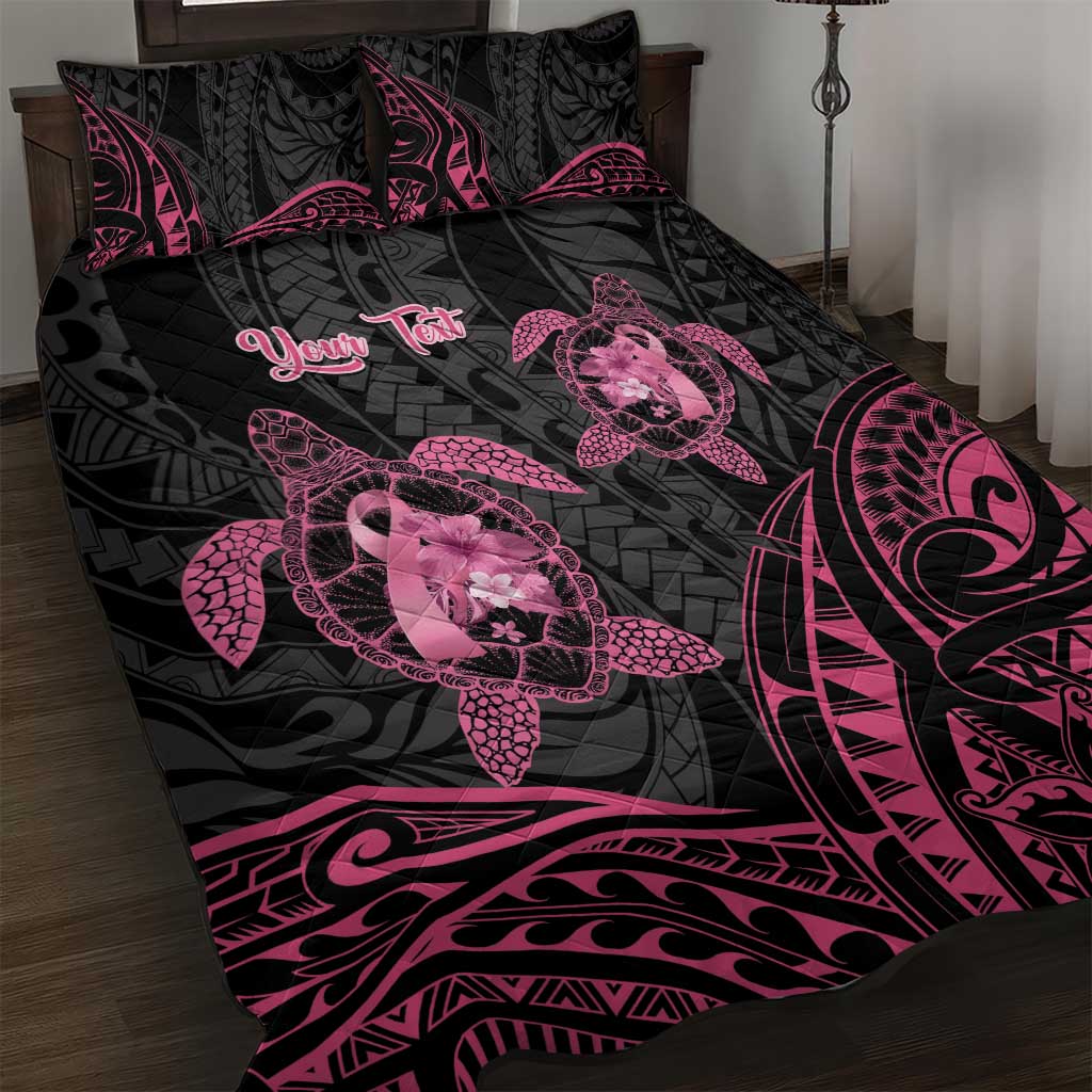 Personalised Polynesia Breast Cancer Awareness Quilt Bed Set No One Fights Alone Turtle Ribbon - Black Version