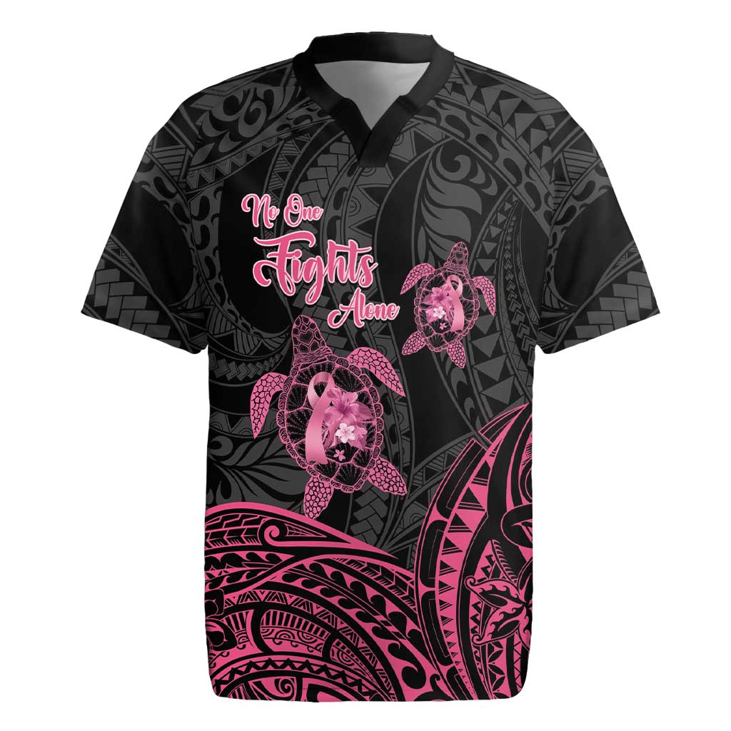 Personalised Polynesia Breast Cancer Awareness Rugby Jersey No One Fights Alone Turtle Ribbon - Black Version