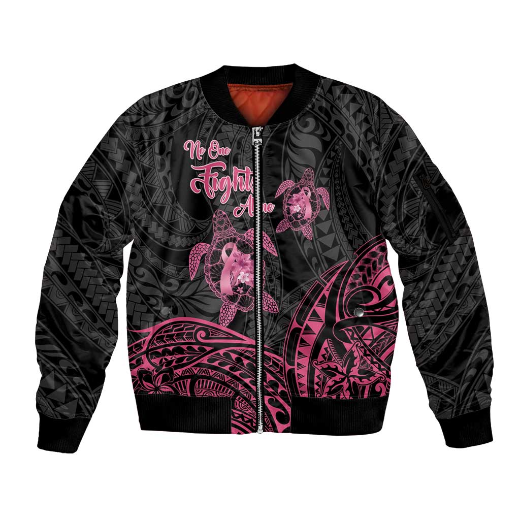 Personalised Polynesia Breast Cancer Awareness Sleeve Zip Bomber Jacket No One Fights Alone Turtle Ribbon - Black Version LT14 Unisex Black - Polynesian Pride