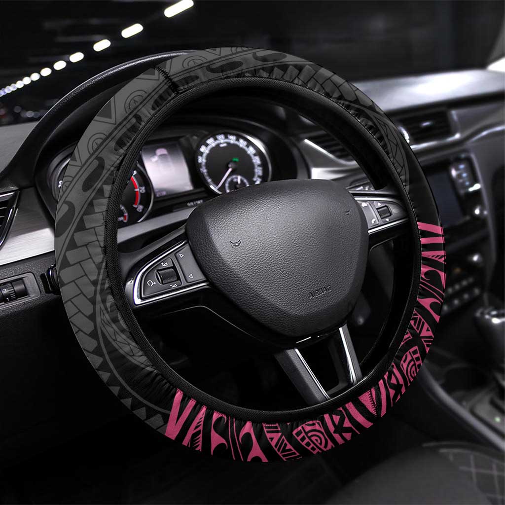 Polynesia Breast Cancer Awareness Steering Wheel Cover No One Fights Alone Turtle Ribbon - Black Version