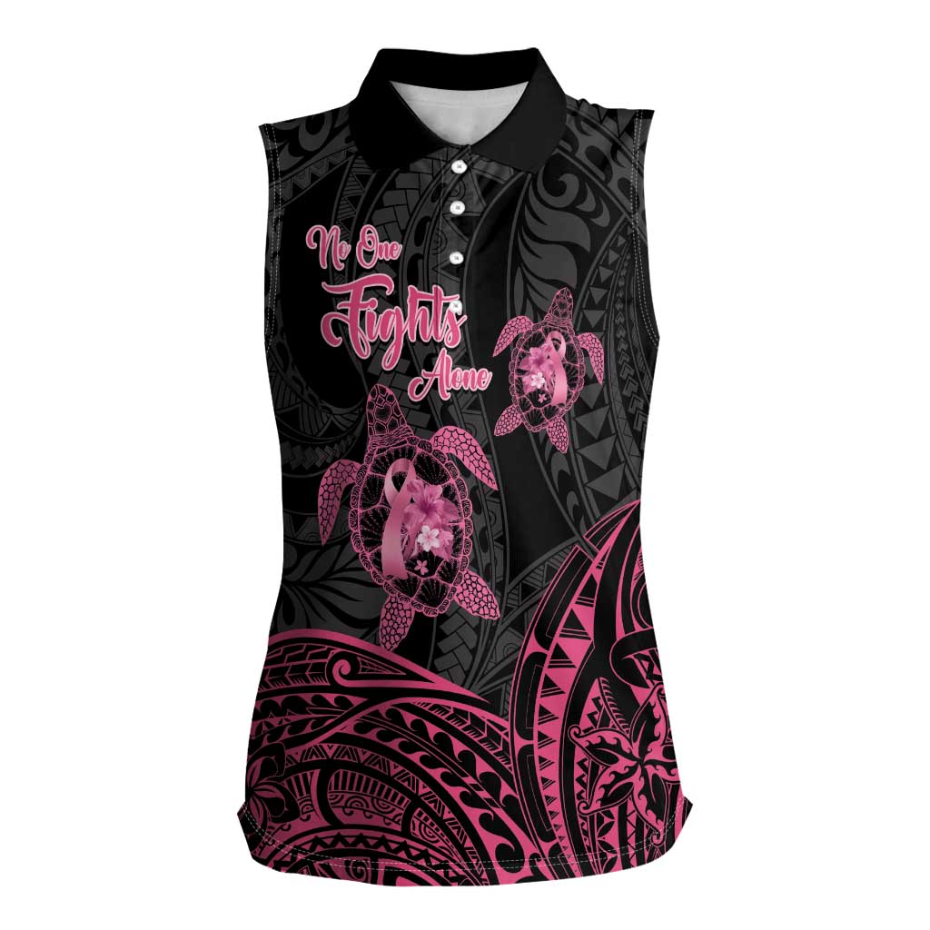 Personalised Polynesia Breast Cancer Awareness Women Sleeveless Polo Shirt No One Fights Alone Turtle Ribbon - Black Version