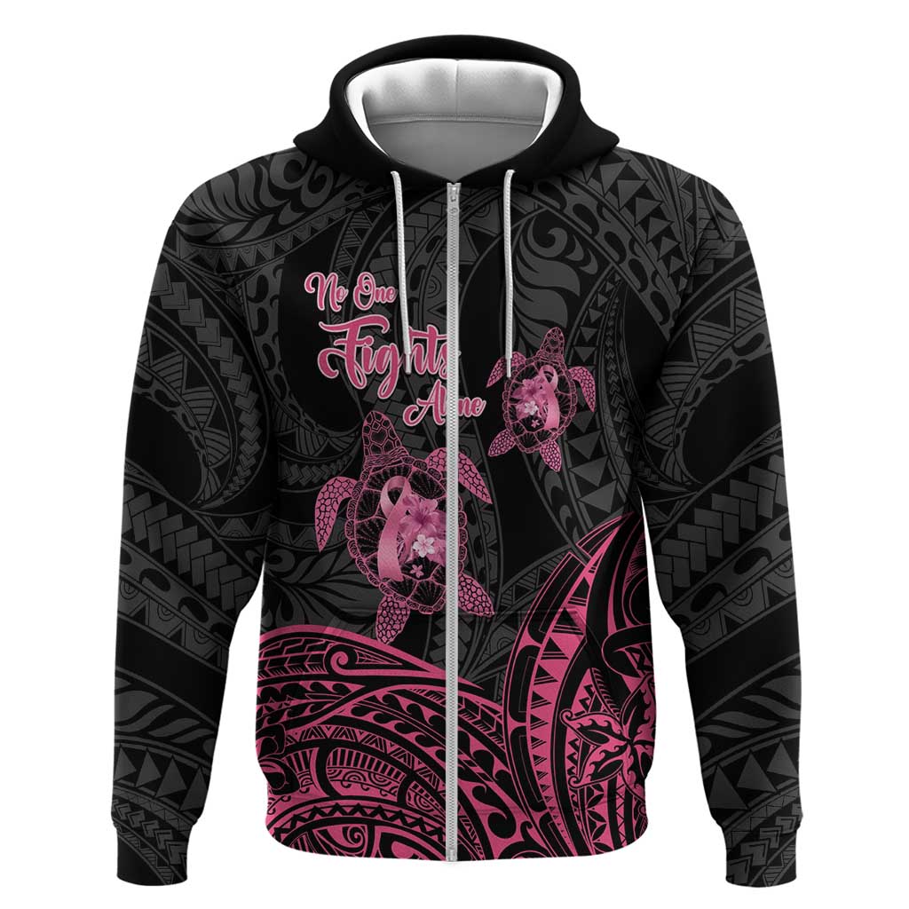 Personalised Polynesia Breast Cancer Awareness Zip Hoodie No One Fights Alone Turtle Ribbon - Black Version LT14 Zip Hoodie Black - Polynesian Pride