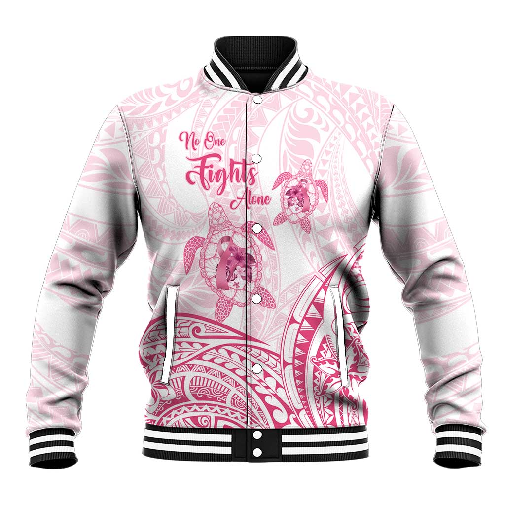 Personalised Polynesia Breast Cancer Awareness Baseball Jacket No One Fights Alone Turtle Ribbon - White Version