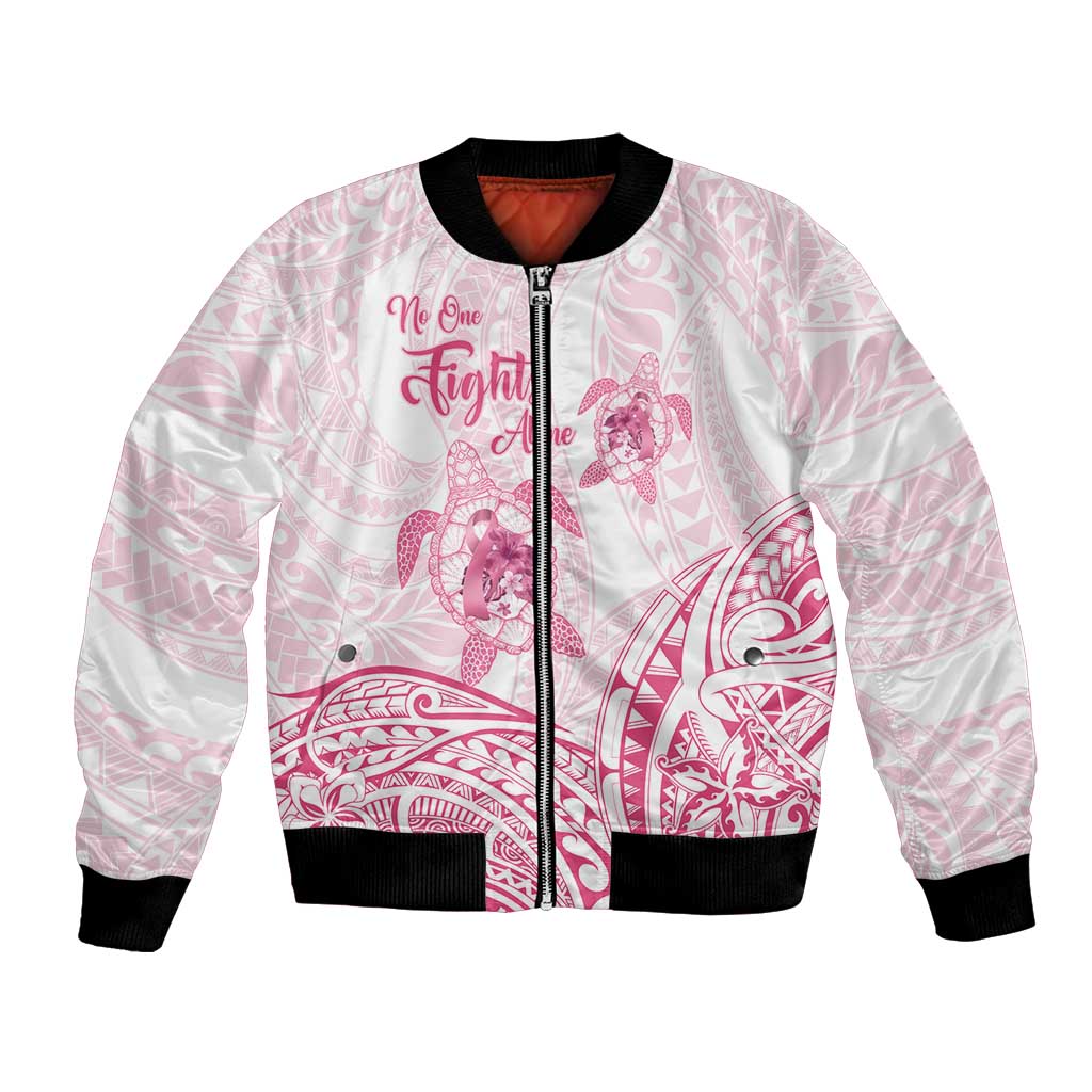 Personalised Polynesia Breast Cancer Awareness Bomber Jacket No One Fights Alone Turtle Ribbon - White Version LT14 Unisex White - Polynesian Pride