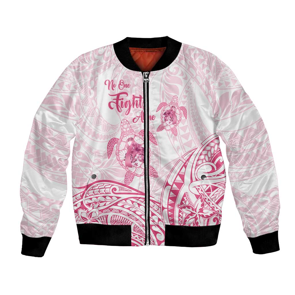 Personalised Polynesia Breast Cancer Awareness Bomber Jacket No One Fights Alone Turtle Ribbon - White Version