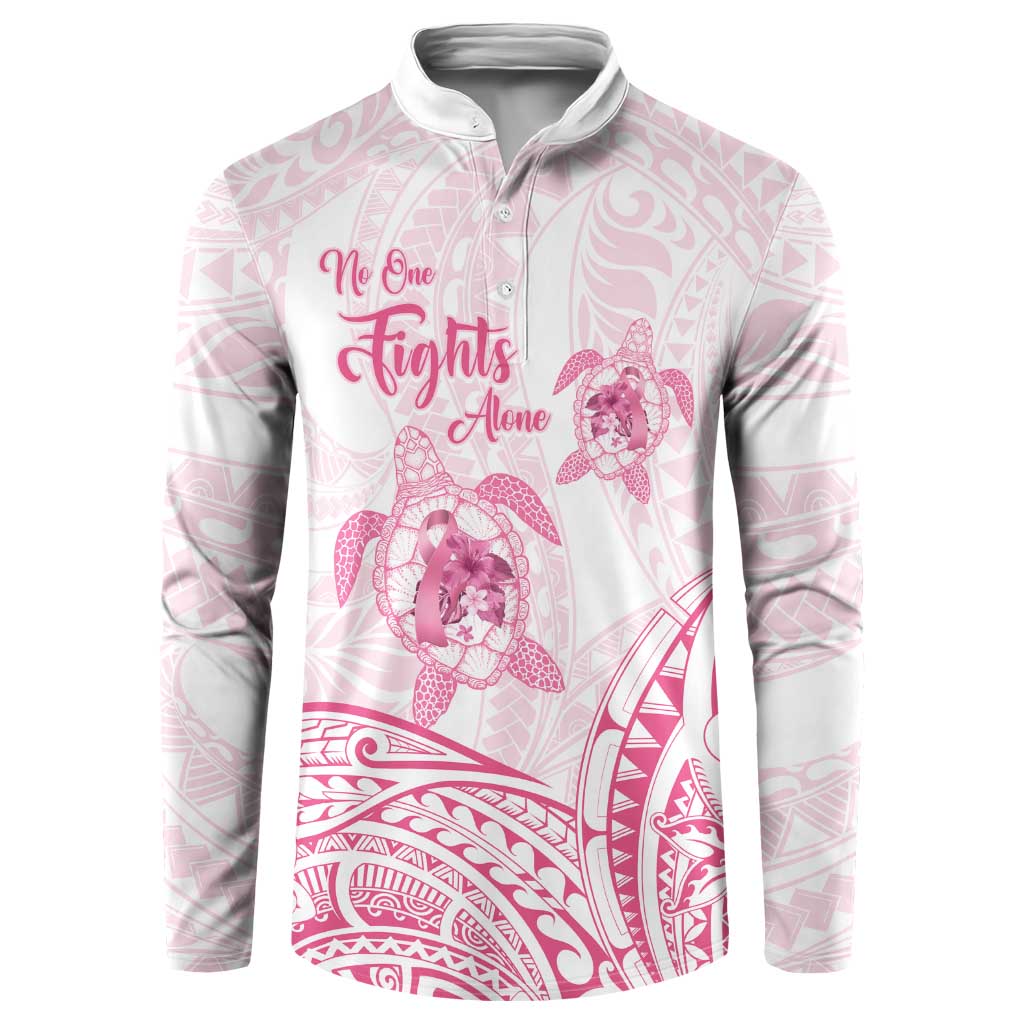 Personalised Polynesia Breast Cancer Awareness Button Sweatshirt No One Fights Alone Turtle Ribbon - White Version