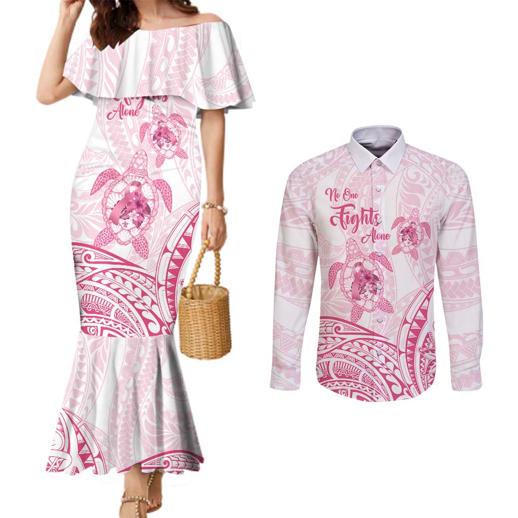 Personalised Polynesia Breast Cancer Awareness Couples Matching Mermaid Dress and Long Sleeve Button Shirt No One Fights Alone Turtle Ribbon - White Version