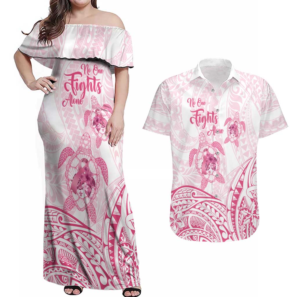 Personalised Polynesia Breast Cancer Awareness Couples Matching Off Shoulder Maxi Dress and Hawaiian Shirt No One Fights Alone Turtle Ribbon - White Version