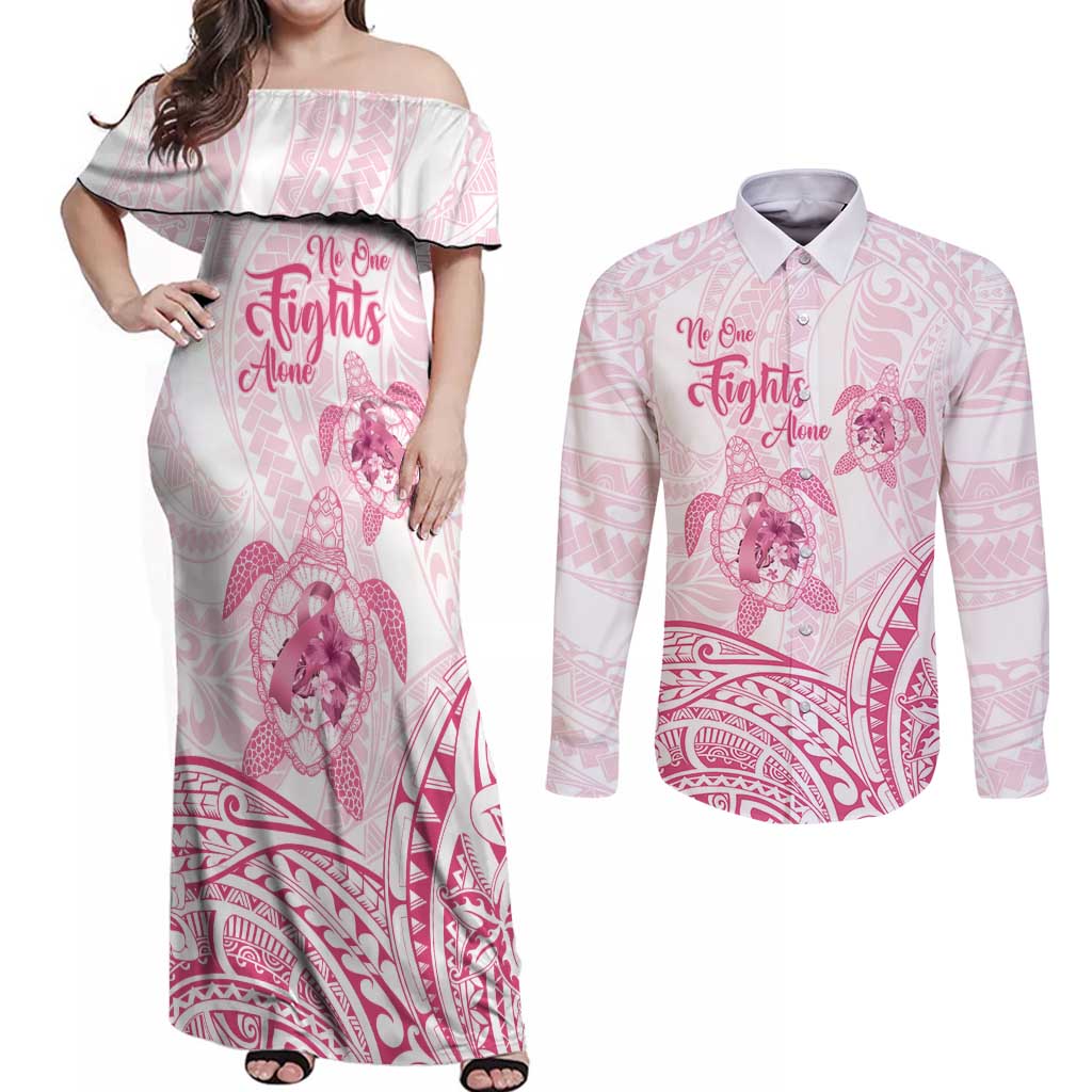 Personalised Polynesia Breast Cancer Awareness Couples Matching Off Shoulder Maxi Dress and Long Sleeve Button Shirt No One Fights Alone Turtle Ribbon - White Version