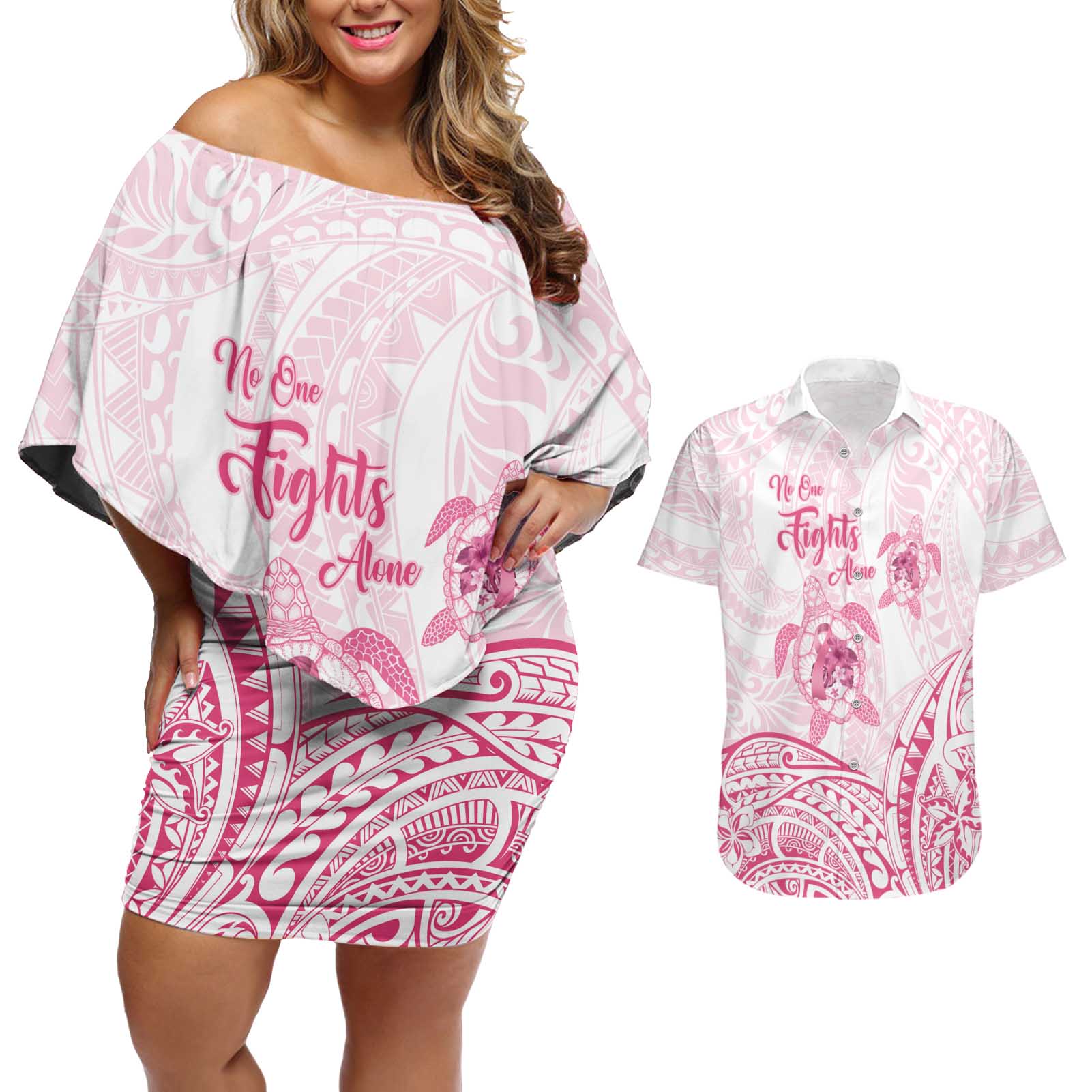 Personalised Polynesia Breast Cancer Awareness Couples Matching Off Shoulder Short Dress and Hawaiian Shirt No One Fights Alone Turtle Ribbon - White Version