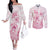 Personalised Polynesia Breast Cancer Awareness Couples Matching Off The Shoulder Long Sleeve Dress and Long Sleeve Button Shirt No One Fights Alone Turtle Ribbon - White Version