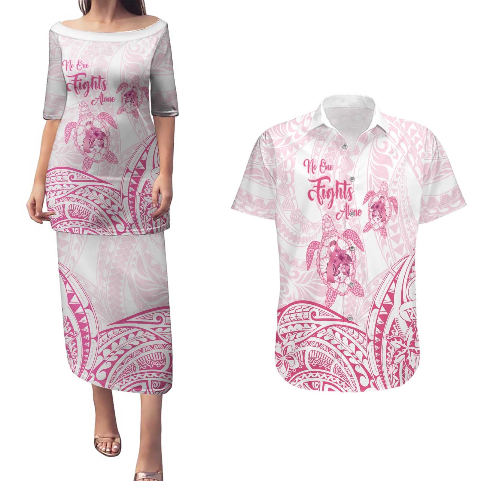 Personalised Polynesia Breast Cancer Awareness Couples Matching Puletasi and Hawaiian Shirt No One Fights Alone Turtle Ribbon - White Version