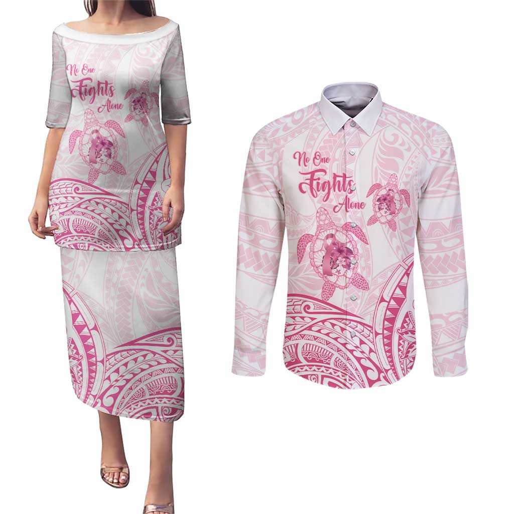 Personalised Polynesia Breast Cancer Awareness Couples Matching Puletasi and Long Sleeve Button Shirt No One Fights Alone Turtle Ribbon - White Version