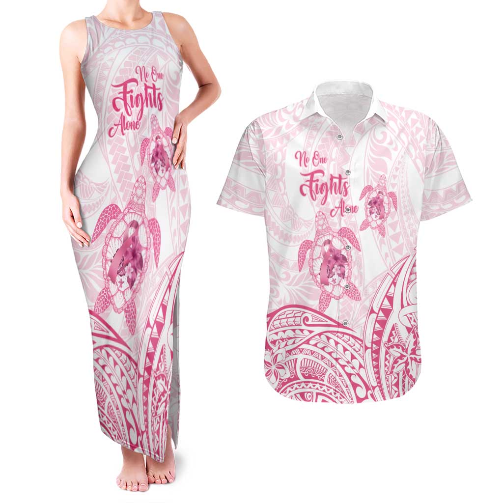 Personalised Polynesia Breast Cancer Awareness Couples Matching Tank Maxi Dress and Hawaiian Shirt No One Fights Alone Turtle Ribbon - White Version