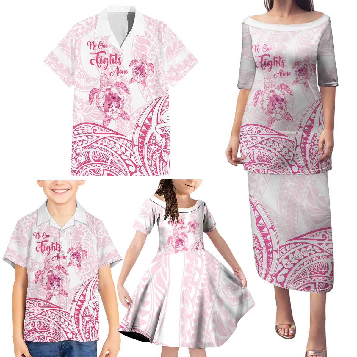 Personalised Polynesia Breast Cancer Awareness Family Matching Puletasi and Hawaiian Shirt No One Fights Alone Turtle Ribbon - White Version