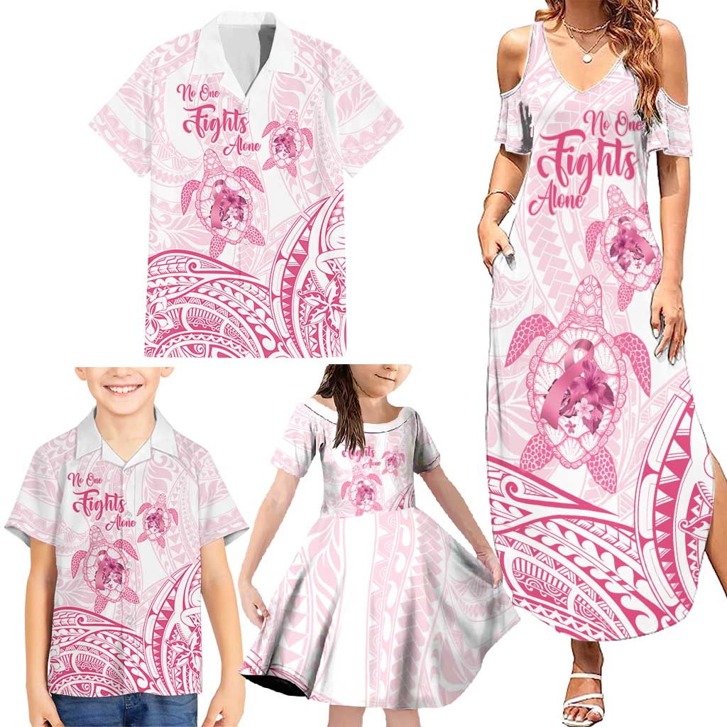 Personalised Polynesia Breast Cancer Awareness Family Matching Summer Maxi Dress and Hawaiian Shirt No One Fights Alone Turtle Ribbon - White Version