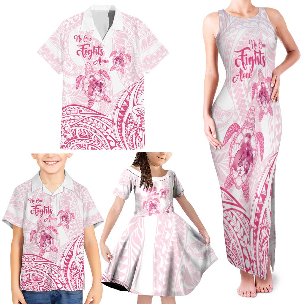 Personalised Polynesia Breast Cancer Awareness Family Matching Tank Maxi Dress and Hawaiian Shirt No One Fights Alone Turtle Ribbon - White Version