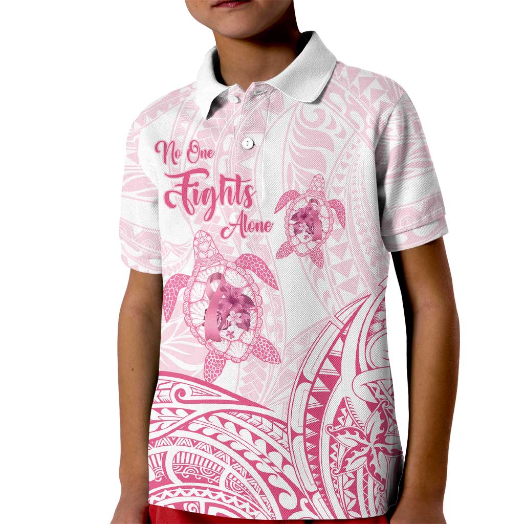 Personalised Polynesia Breast Cancer Awareness Kid Polo Shirt No One Fights Alone Turtle Ribbon - White Version