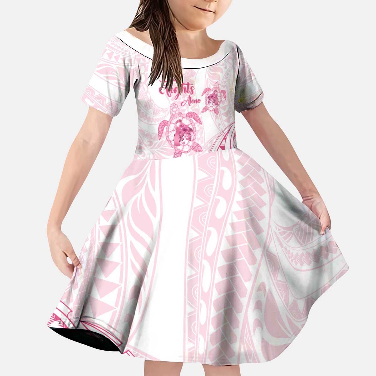 Personalised Polynesia Breast Cancer Awareness Kid Short Sleeve Dress No One Fights Alone Turtle Ribbon - White Version LT14 KID White - Polynesian Pride