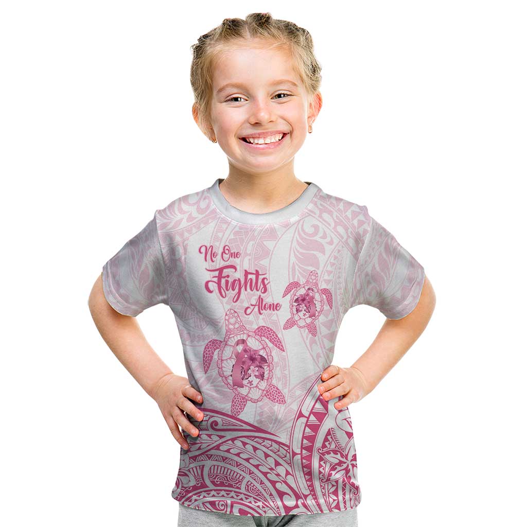 Personalised Polynesia Breast Cancer Awareness Kid T Shirt No One Fights Alone Turtle Ribbon - White Version