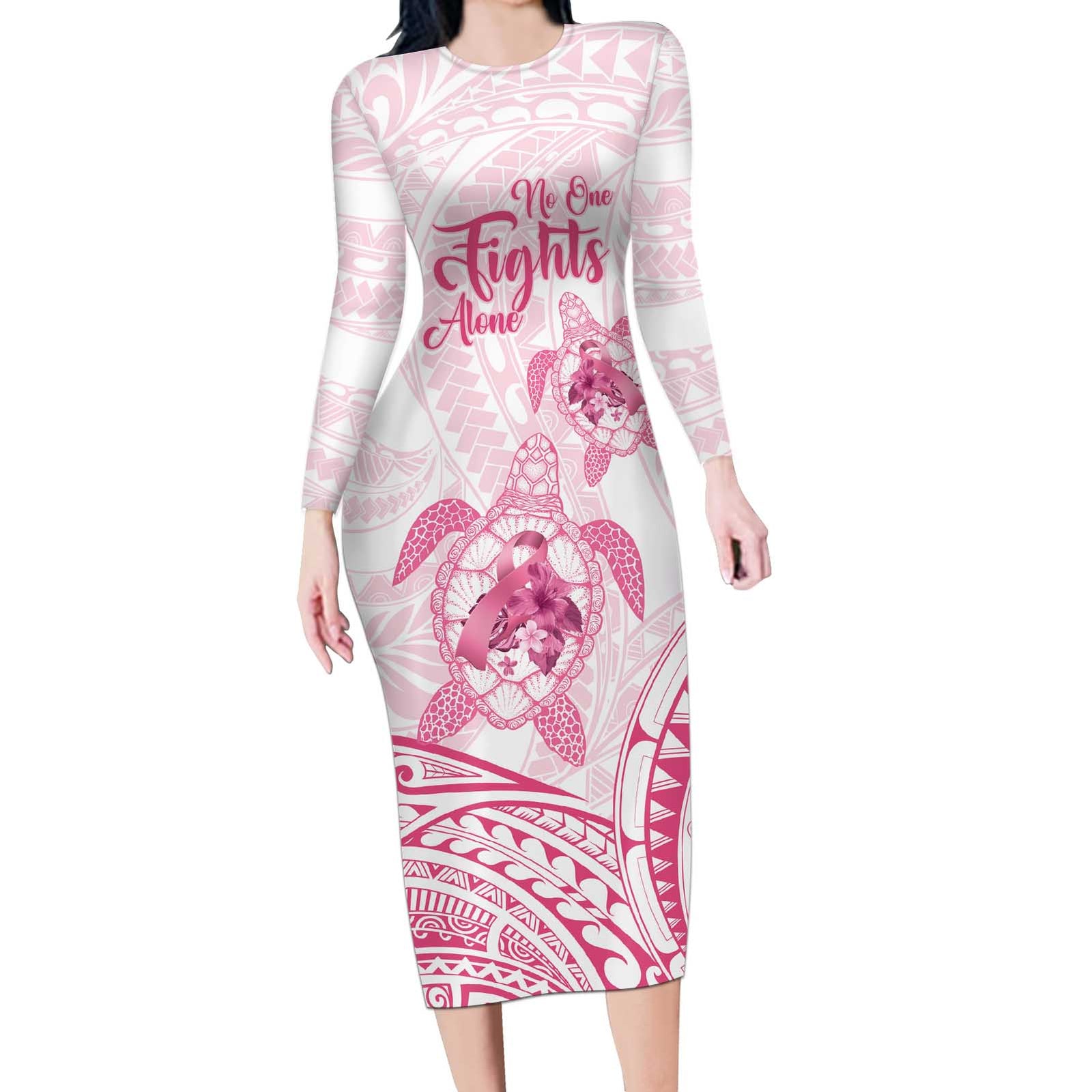 Personalised Polynesia Breast Cancer Awareness Long Sleeve Bodycon Dress No One Fights Alone Turtle Ribbon - White Version LT14 Long Dress White - Polynesian Pride