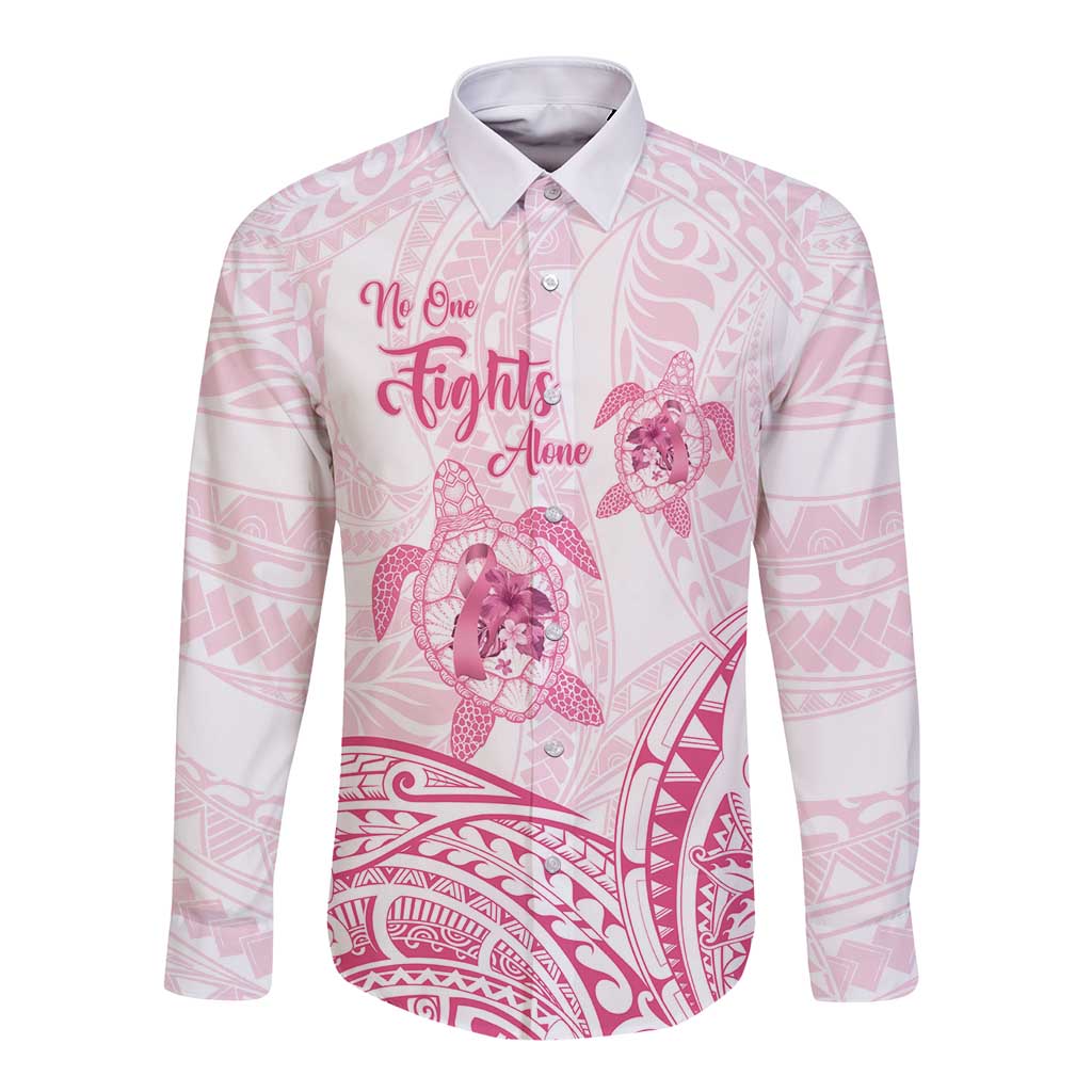 Personalised Polynesia Breast Cancer Awareness Long Sleeve Button Shirt No One Fights Alone Turtle Ribbon - White Version