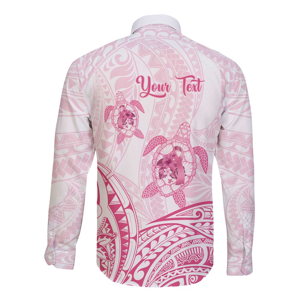 Personalised Polynesia Breast Cancer Awareness Long Sleeve Button Shirt No One Fights Alone Turtle Ribbon - White Version LT14 - Polynesian Pride