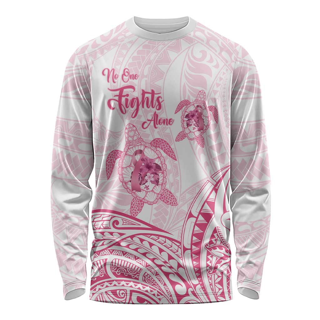 Personalised Polynesia Breast Cancer Awareness Long Sleeve Shirt No One Fights Alone Turtle Ribbon - White Version LT14 Unisex White - Polynesian Pride