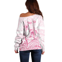 Personalised Polynesia Breast Cancer Awareness Off Shoulder Sweater No One Fights Alone Turtle Ribbon - White Version LT14 - Polynesian Pride
