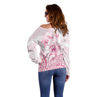Personalised Polynesia Breast Cancer Awareness Off Shoulder Sweater No One Fights Alone Turtle Ribbon - White Version LT14 - Polynesian Pride