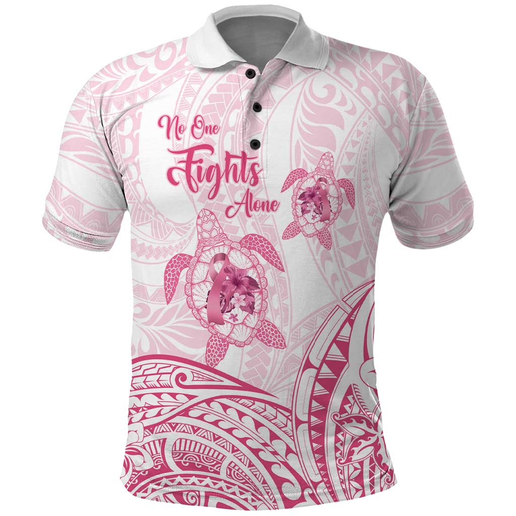 Personalised Polynesia Breast Cancer Awareness Polo Shirt No One Fights Alone Turtle Ribbon - White Version LT14 White - Polynesian Pride
