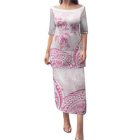 Personalised Polynesia Breast Cancer Awareness Puletasi No One Fights Alone Turtle Ribbon - White Version LT14 Long Dress White - Polynesian Pride