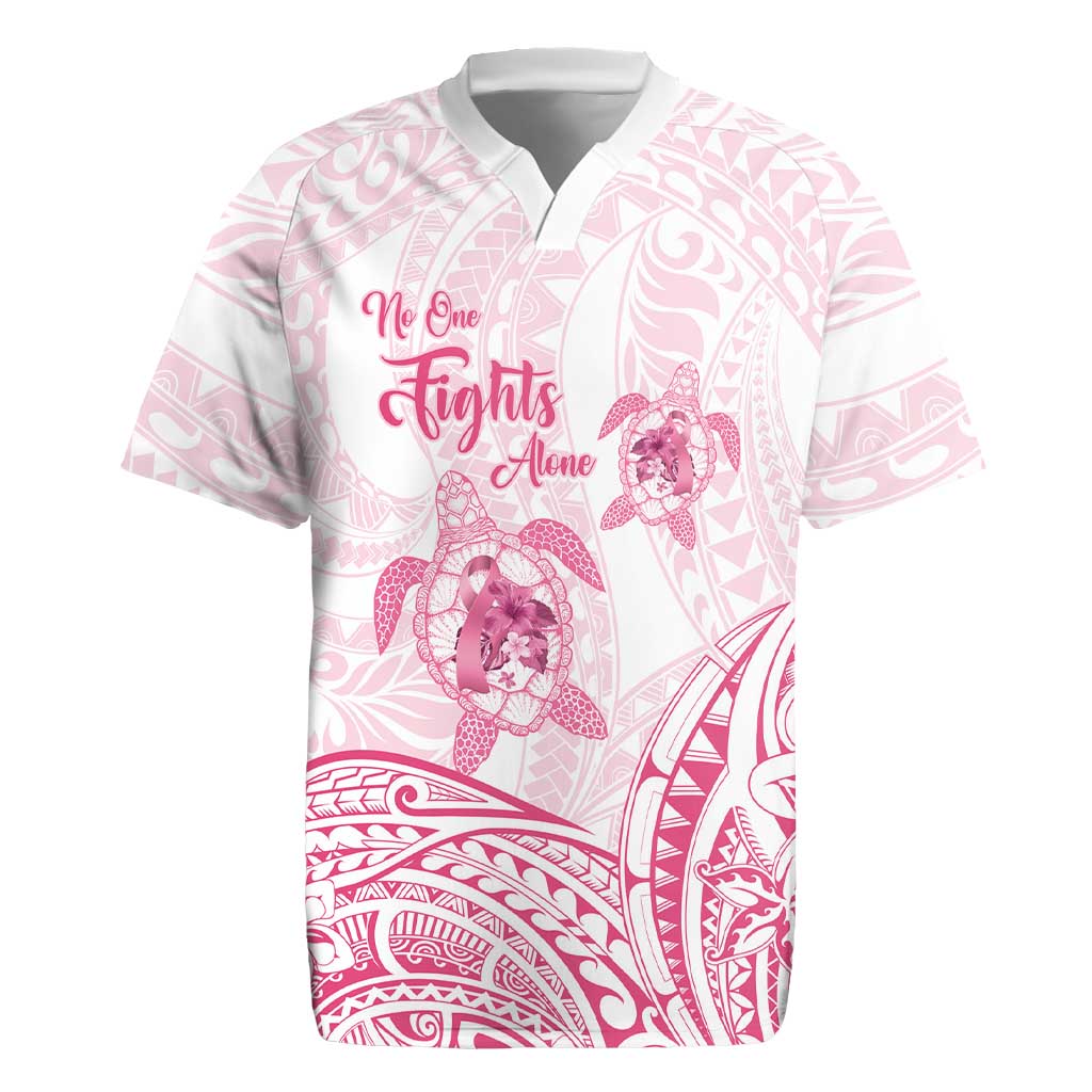 Personalised Polynesia Breast Cancer Awareness Rugby Jersey No One Fights Alone Turtle Ribbon - White Version