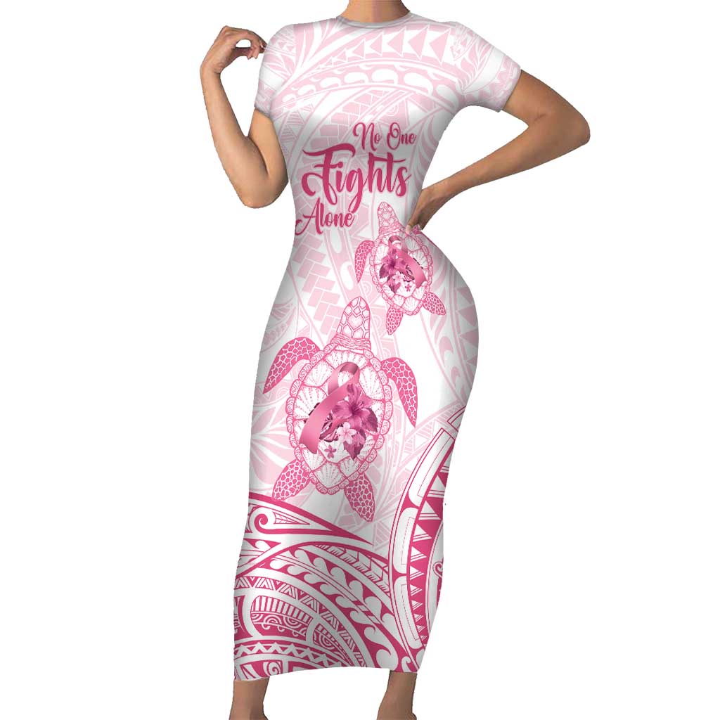 Personalised Polynesia Breast Cancer Awareness Short Sleeve Bodycon Dress No One Fights Alone Turtle Ribbon - White Version