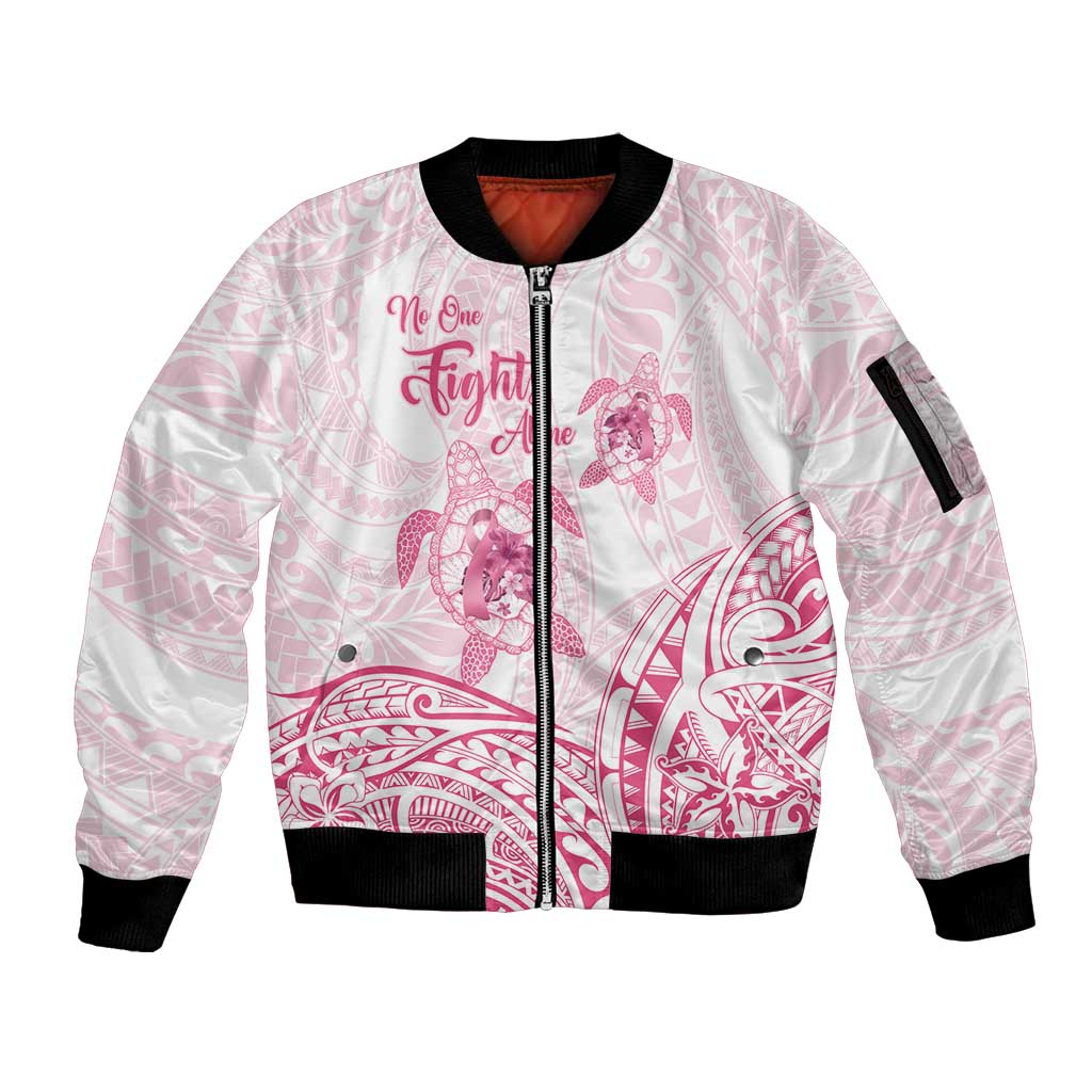Personalised Polynesia Breast Cancer Awareness Sleeve Zip Bomber Jacket No One Fights Alone Turtle Ribbon - White Version LT14 Unisex White - Polynesian Pride