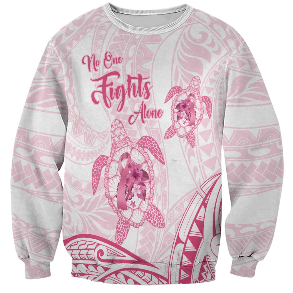 Personalised Polynesia Breast Cancer Awareness Sweatshirt No One Fights Alone Turtle Ribbon - White Version LT14 Unisex White - Polynesian Pride