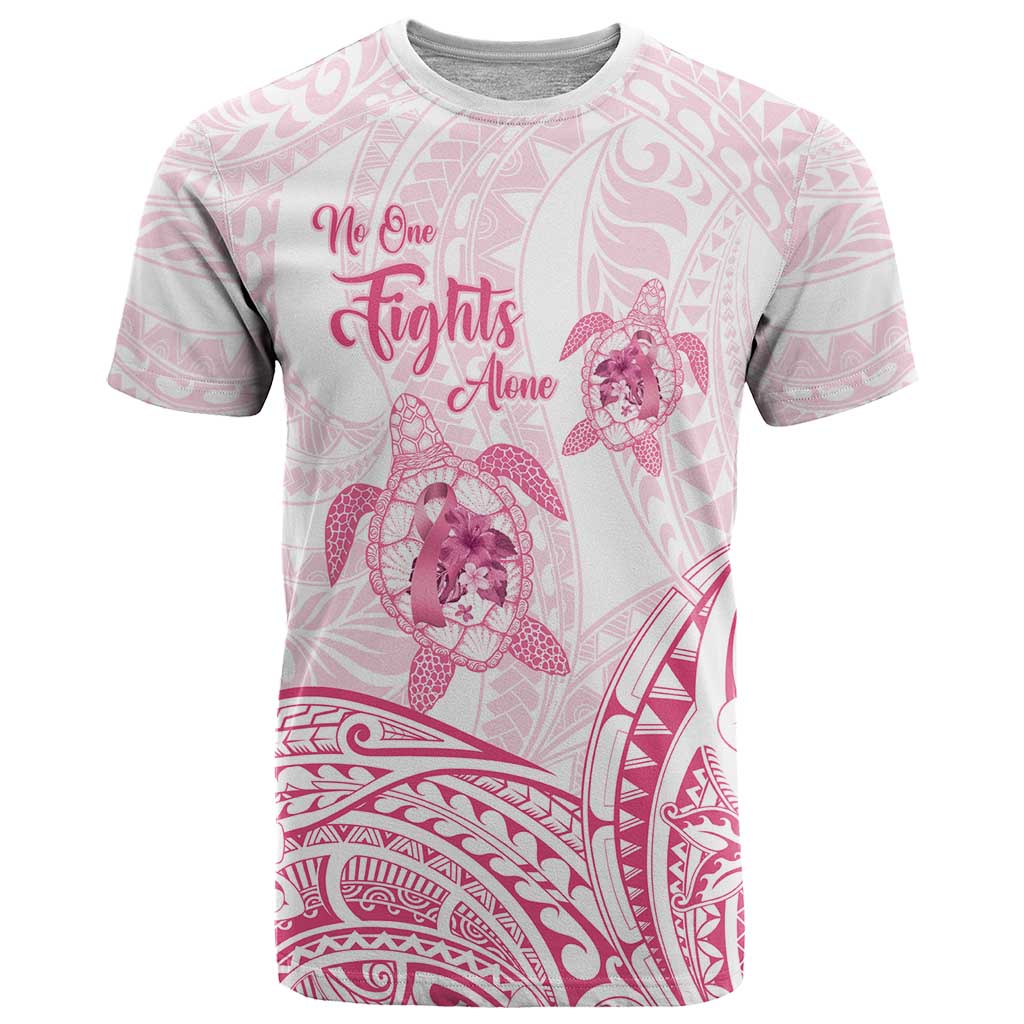 Personalised Polynesia Breast Cancer Awareness T Shirt No One Fights Alone Turtle Ribbon - White Version