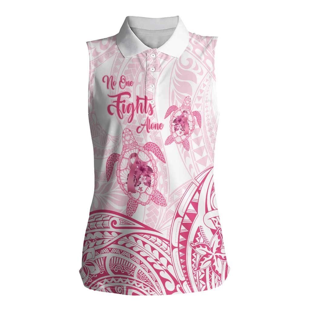 Personalised Polynesia Breast Cancer Awareness Women Sleeveless Polo Shirt No One Fights Alone Turtle Ribbon - White Version