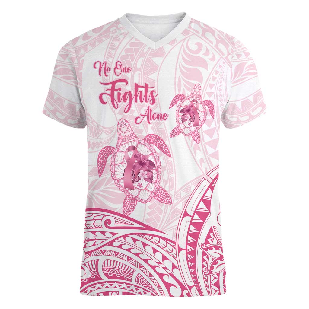 Personalised Polynesia Breast Cancer Awareness Women V-Neck T-Shirt No One Fights Alone Turtle Ribbon - White Version