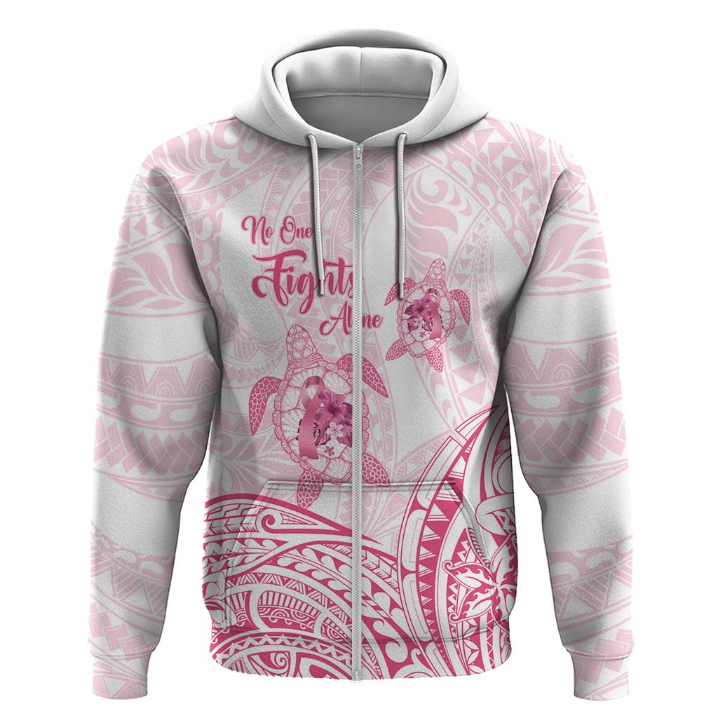 Personalised Polynesia Breast Cancer Awareness Zip Hoodie No One Fights Alone Turtle Ribbon - White Version