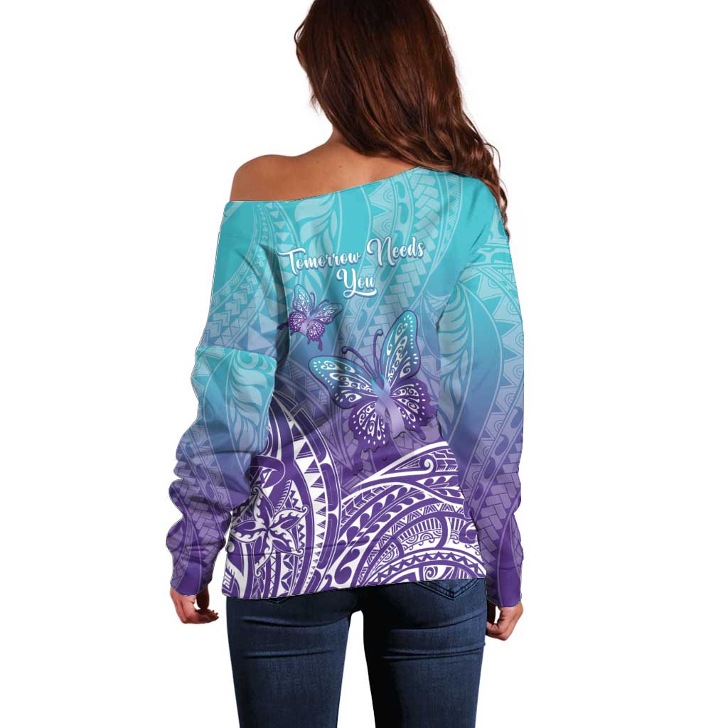Polynesia Suicide Prevention Month Off Shoulder Sweater Butterfly Purple And Teal Ribbon Tomorrow Needs You LT14 - Polynesian Pride