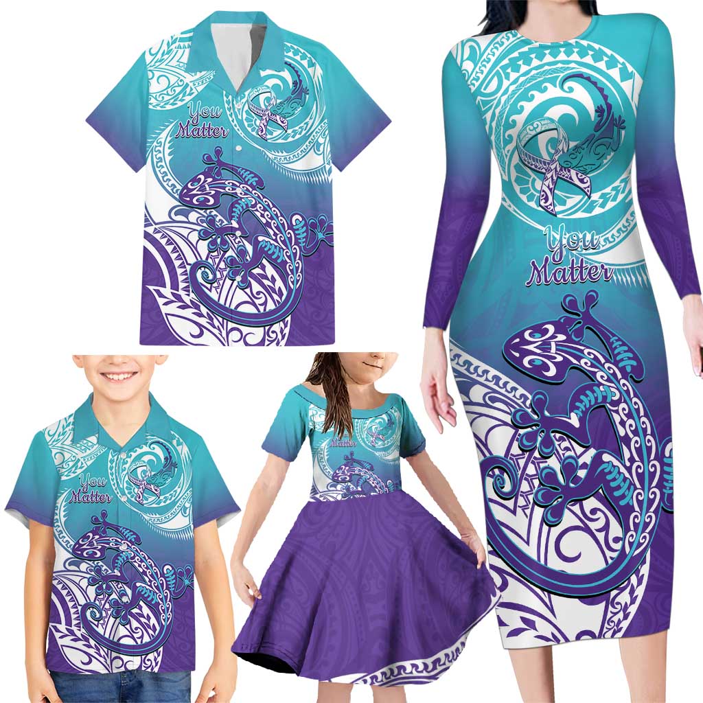 Personalised New Zealand Suicide Prevention Month Family Matching Long Sleeve Bodycon Dress and Hawaiian Shirt You Matter NZ Fern With Maori Koru Lizard