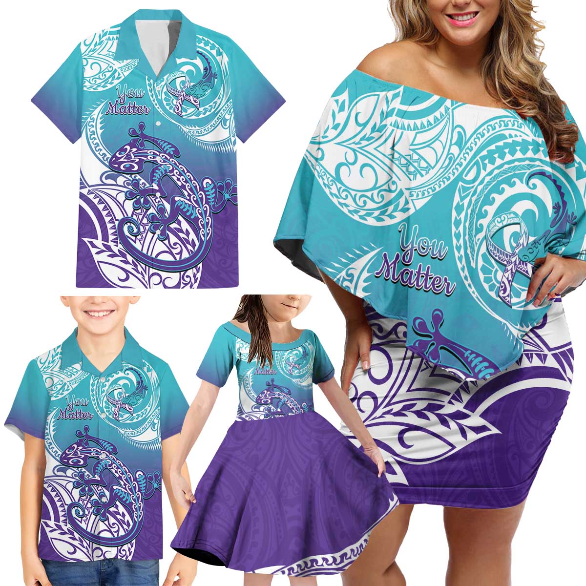 Personalised New Zealand Suicide Prevention Month Family Matching Off Shoulder Short Dress and Hawaiian Shirt You Matter NZ Fern With Maori Koru Lizard