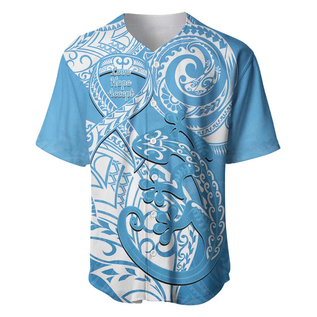 Personalised New Zealand Autism Awareness Baseball Jersey NZ Fern With Maori Koru Lizard LT14 Blue - Polynesian Pride
