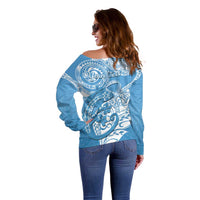 Personalised New Zealand Autism Awareness Off Shoulder Sweater NZ Fern With Maori Koru Lizard LT14 - Polynesian Pride