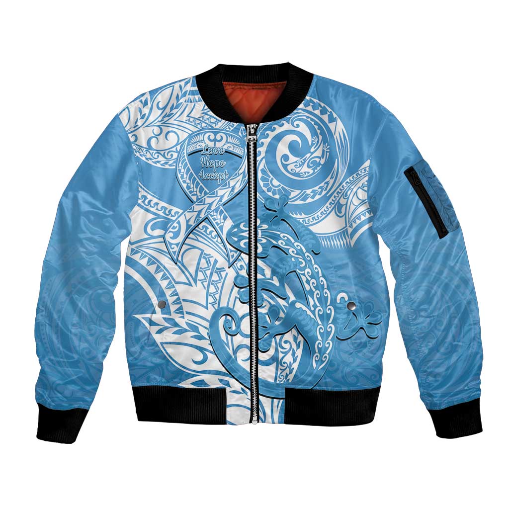 Personalised New Zealand Autism Awareness Sleeve Zip Bomber Jacket NZ Fern With Maori Koru Lizard LT14 Unisex Blue - Polynesian Pride